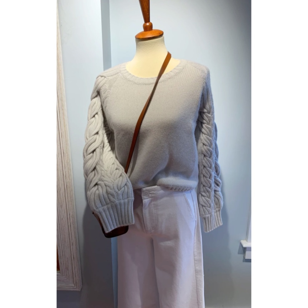 Naadam Women's Hand Knit Cable Sleeve Wool Cashmere Crewneck, Size Small